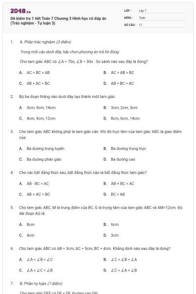 Đề kiểm tra 1 tiết Toán 7 Chương 3 Hình học có đáp án (Trắc nghiệm - Tự luận 3)