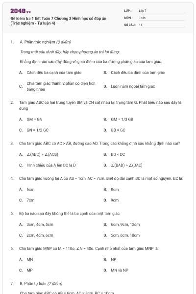 Đề kiểm tra 1 tiết Toán 7 Chương 3 Hình học có đáp án (Trắc nghiệm - Tự luận 4)