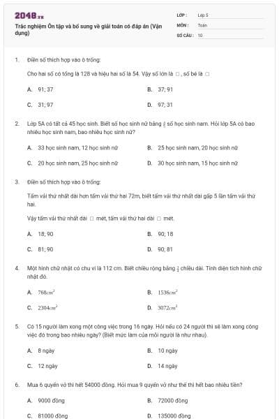 Trắc nghiệm Ôn tập và bổ sung về giải toán có đáp án (Vận dụng)