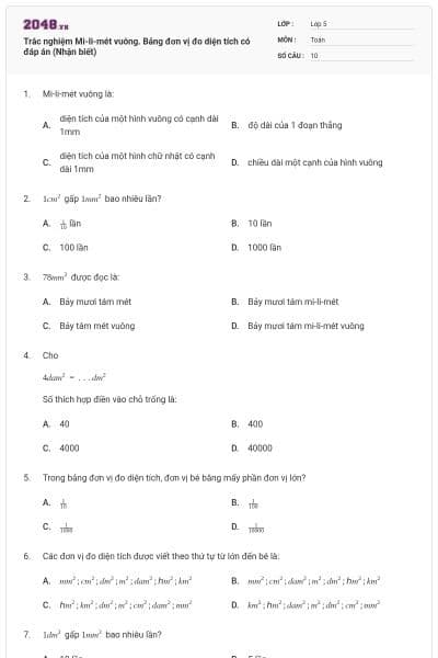 Trắc nghiệm Mi-li-mét vuông. Bảng đơn vị đo diện tích có đáp án (Nhận biết)