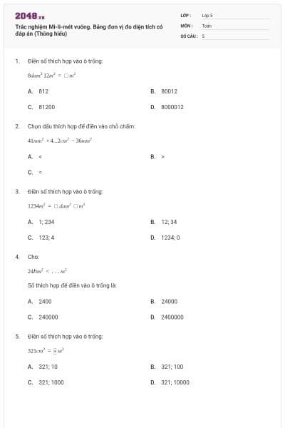 Trắc nghiệm Mi-li-mét vuông. Bảng đơn vị đo diện tích có đáp án (Thông hiểu)