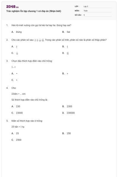 Trắc nghiệm Ôn tập chương 1 có đáp án (Nhận biết)