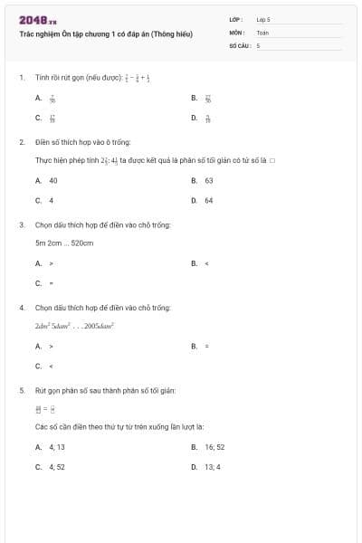 Trắc nghiệm Ôn tập chương 1 có đáp án (Thông hiểu)