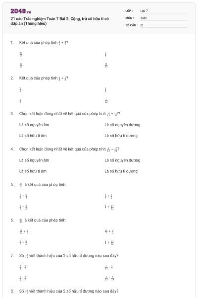 21 câu Trắc nghiệm Toán 7 Bài 2: Cộng, trừ số hữu tỉ có đáp án (Thông hiểu)