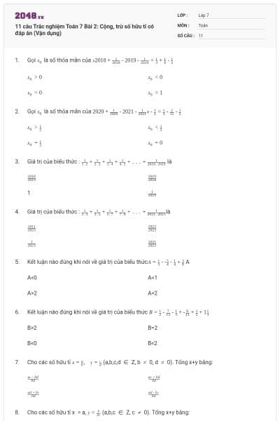 11 câu Trắc nghiệm Toán 7 Bài 2: Cộng, trừ số hữu tỉ có đáp án (Vận dụng)
