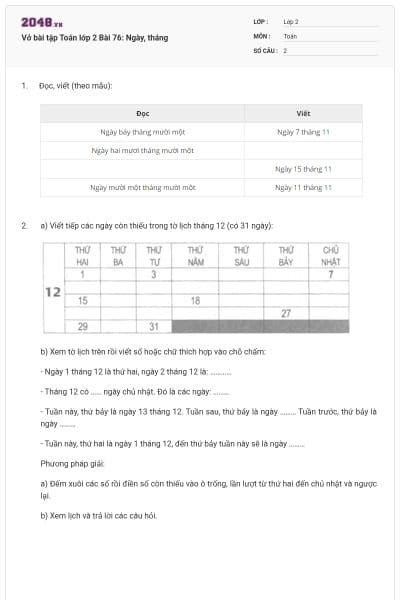 Vở bài tập Toán lớp 2 Bài 76: Ngày, tháng
