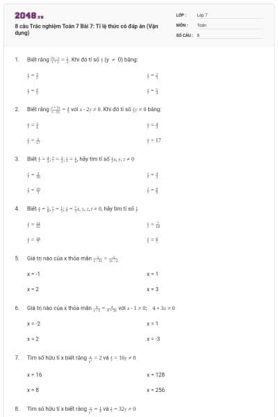 8 câu Trắc nghiệm Toán 7 Bài 7: Tỉ lệ thức có đáp án (Vận dụng)