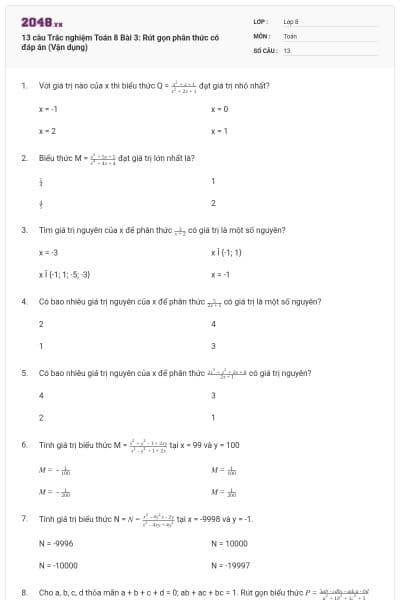 13 câu Trắc nghiệm Toán 8 Bài 3: Rút gọn phân thức có đáp án (Vận dụng)
