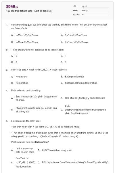 150 câu trắc nghiệm Este - Lipit cơ bản (P3)