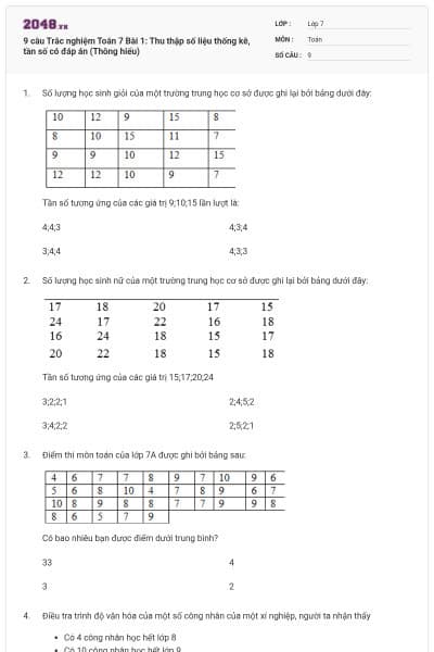 9 câu Trắc nghiệm Toán 7 Bài 1: Thu thập số liệu thống kê, tần số có đáp án (Thông hiểu)