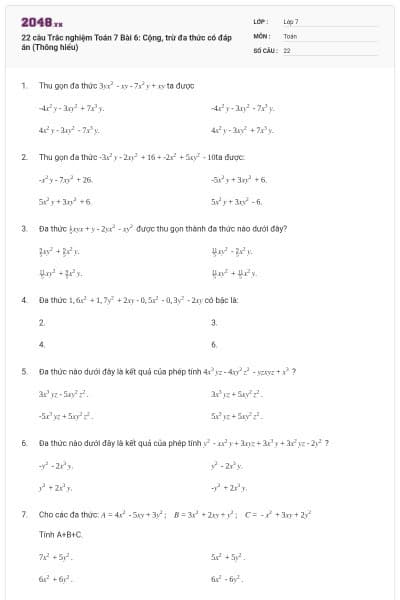 22 câu Trắc nghiệm Toán 7 Bài 6: Cộng, trừ đa thức có đáp án (Thông hiểu)