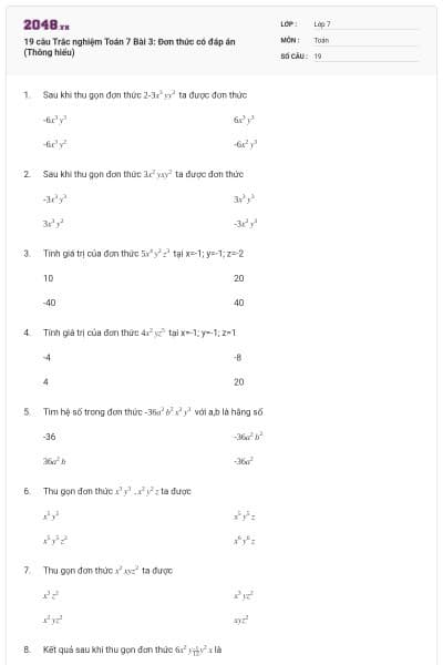19 câu Trắc nghiệm Toán 7 Bài 3: Đơn thức có đáp án (Thông hiểu)