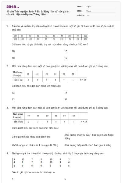 10 câu Trắc nghiệm Toán 7 Bài 2: Bảng "tần số" các giá trị của dấu hiệu có đáp án (Thông hiểu)