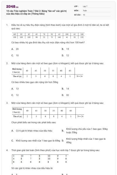 10 câu Trắc nghiệm Toán 7 Bài 2: Bảng "tần số" các giá trị của dấu hiệu có đáp án (Thông hiểu)