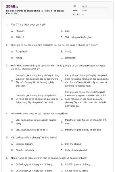 Bộ 4 Đề kiểm tra 15 phút Lịch Sử 10 Học kì 1 (có đáp án - Lần 1 - Đề 1)