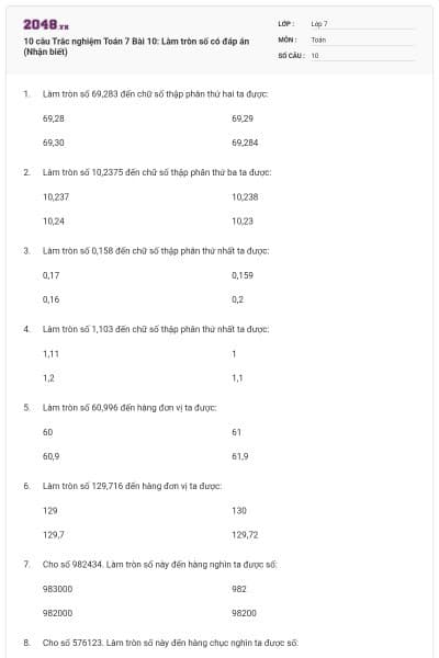 10 câu Trắc nghiệm Toán 7 Bài 10: Làm tròn số có đáp án (Nhận biết)