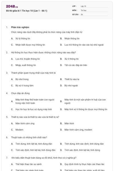 Đề thi giữa kì 1 Tin học 10 (Lần 1 - Đề 1)