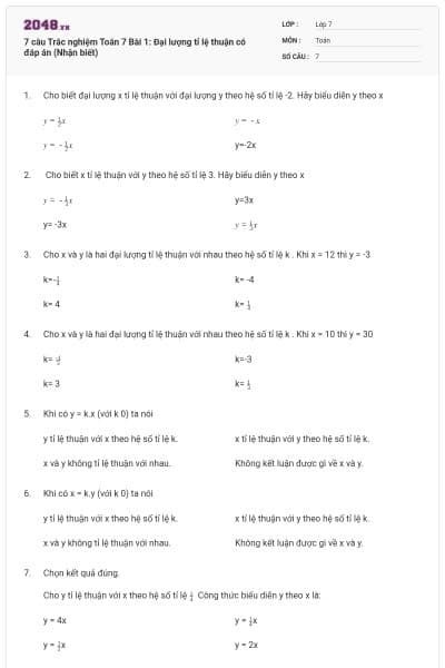 7 câu Trắc nghiệm Toán 7 Bài 1: Đại lượng tỉ lệ thuận có đáp án (Nhận biết)