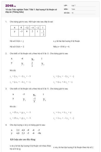 10 câu Trắc nghiệm Toán 7 Bài 1: Đại lượng tỉ lệ thuận có đáp án (Thông hiểu)