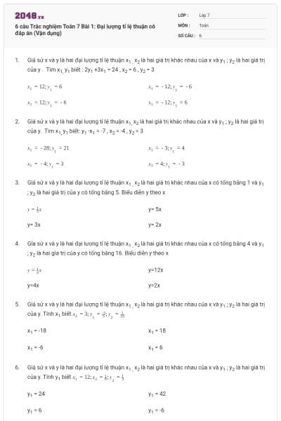 6 câu Trắc nghiệm Toán 7 Bài 1: Đại lượng tỉ lệ thuận có đáp án (Vận dụng)