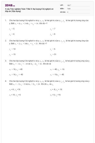 4 câu Trắc nghiệm Toán 7 Bài 3: Đại lượng tỉ lệ nghịch có đáp án (Vận dụng)