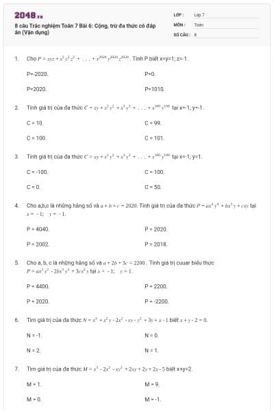 8 câu Trắc nghiệm Toán 7 Bài 6: Cộng, trừ đa thức có đáp án (Vận dụng)