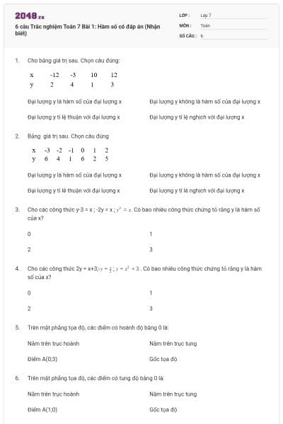 6 câu Trắc nghiệm Toán 7 Bài 1: Hàm số có đáp án (Nhận biết)