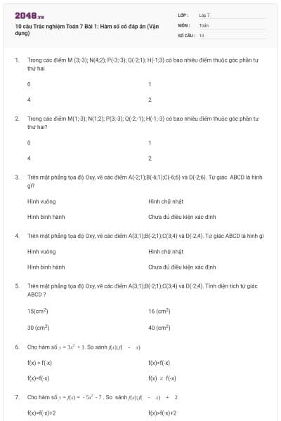 10 câu Trắc nghiệm Toán 7 Bài 1: Hàm số có đáp án (Vận dụng)