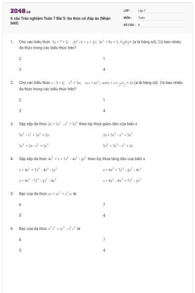 6 câu Trắc nghiệm Toán 7 Bài 5: Đa thức có đáp án (Nhận biết)