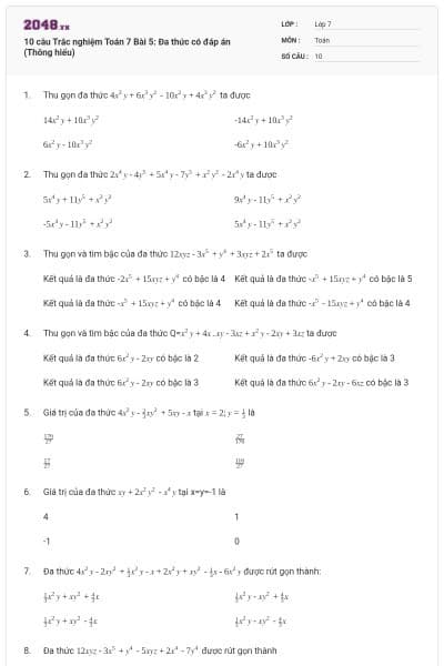 10 câu Trắc nghiệm Toán 7 Bài 5: Đa thức có đáp án (Thông hiểu)