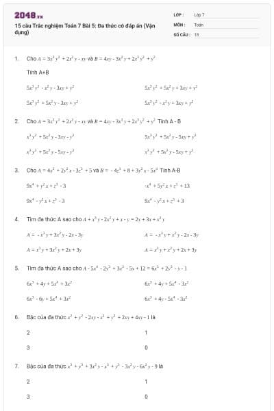 15 câu Trắc nghiệm Toán 7 Bài 5: Đa thức có đáp án (Vận dụng)