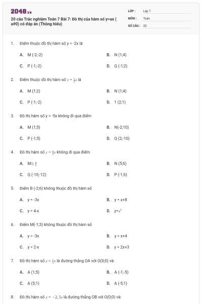 20 câu Trắc nghiệm Toán 7 Bài 7: Đồ thị của hàm số y=ax ( a#0) có đáp án (Thông hiểu)