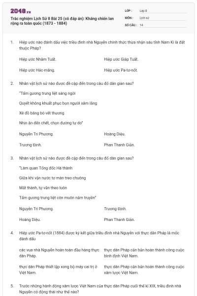 Trắc nghiệm Lịch Sử 8 Bài 25 (có đáp án): Kháng chiến lan rộng ra toàn quốc (1873 - 1884)
