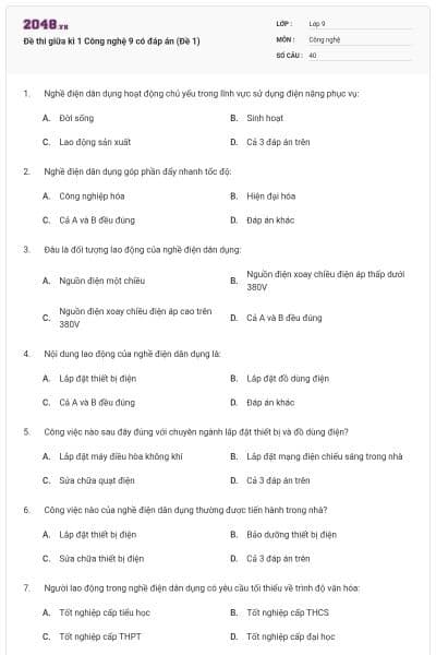Đề thi giữa kì 1 Công nghệ 9 có đáp án (Đề 1)