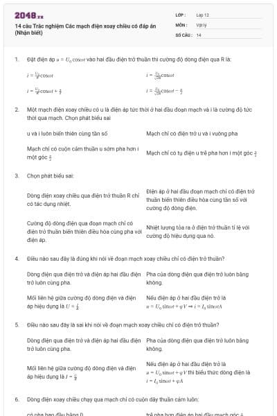 14 câu Trắc nghiệm Các mạch điện xoay chiều có đáp án (Nhận biết)