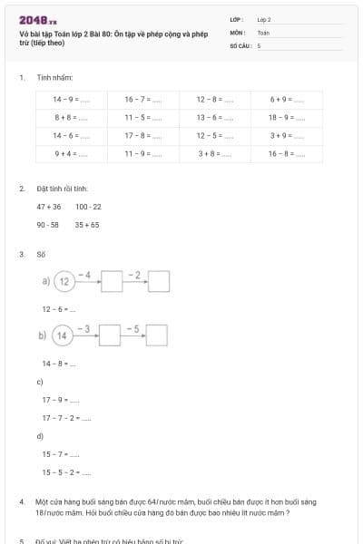 Vở bài tập Toán lớp 2 Bài 80: Ôn tập về phép cộng và phép trừ (tiếp theo)