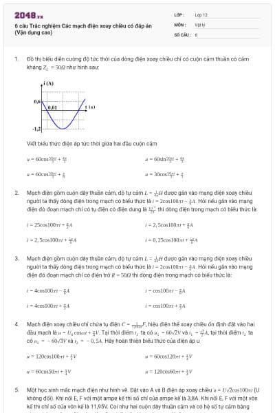 6 câu Trắc nghiệm Các mạch điện xoay chiều có đáp án (Vận dụng cao)