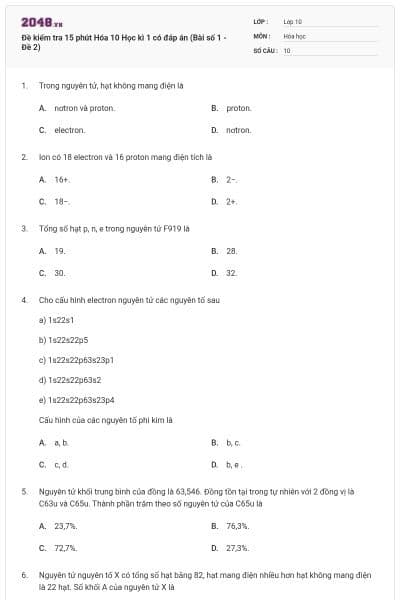 Đề kiểm tra 15 phút Hóa 10 Học kì 1 có đáp án (Bài số 1 - Đề 2)