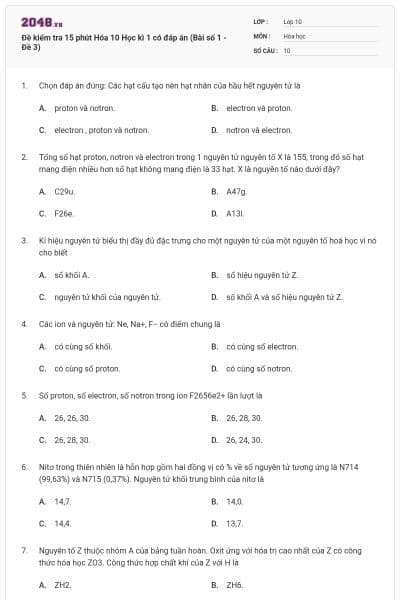 Đề kiểm tra 15 phút Hóa 10 Học kì 1 có đáp án (Bài số 1 - Đề 3)