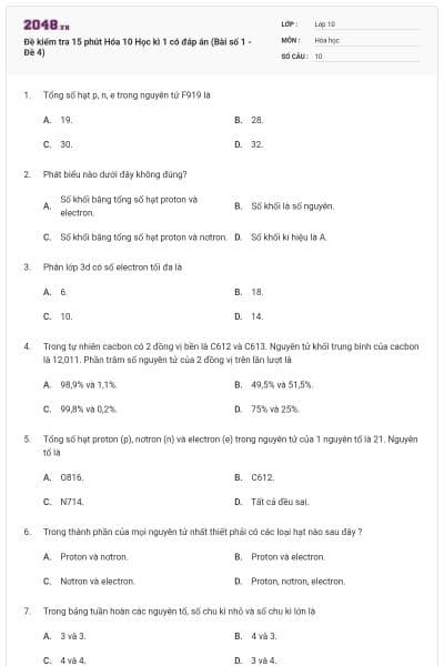 Đề kiểm tra 15 phút Hóa 10 Học kì 1 có đáp án (Bài số 1 - Đề 4)
