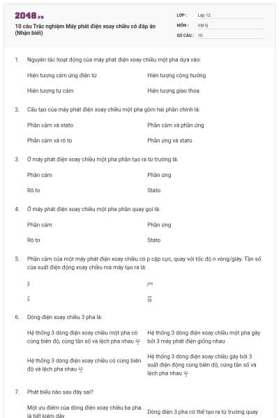 10 câu Trắc nghiệm Máy phát điện xoay chiều có đáp án (Nhận biết)