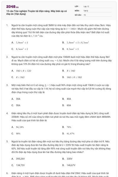 15 câu Trắc nghiệm Truyền tải điện năng. Máy biến áp có đáp án (Vận dụng)