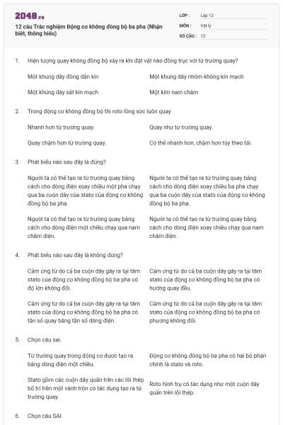 12 câu Trắc nghiệm Động cơ không đồng bộ ba pha (Nhận biết, thông hiểu)