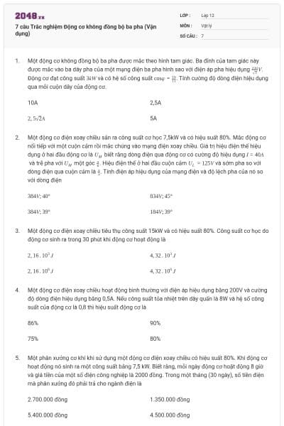 7 câu Trắc nghiệm Động cơ không đồng bộ ba pha (Vận dụng)