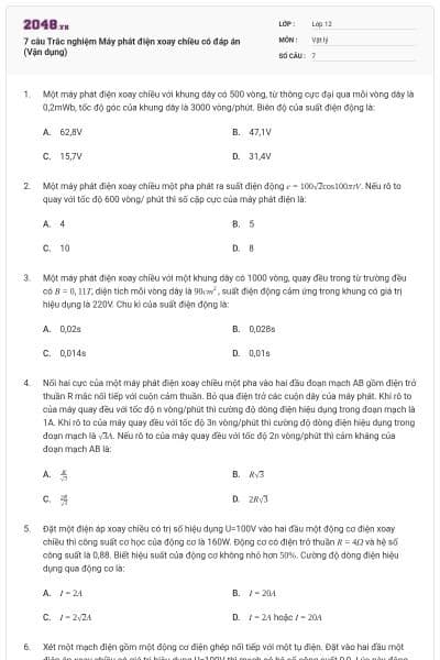 7 câu Trắc nghiệm Máy phát điện xoay chiều có đáp án (Vận dụng)
