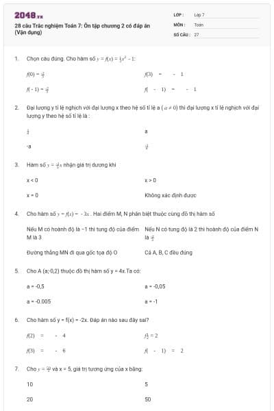28 câu Trắc nghiệm Toán 7: Ôn tập chương 2 có đáp án (Vận dụng)