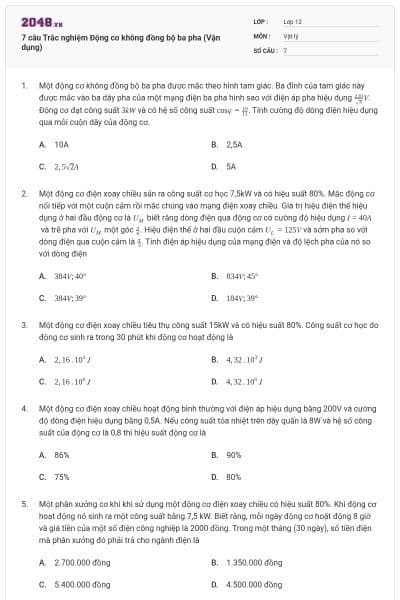 7 câu Trắc nghiệm Động cơ không đồng bộ ba pha (Vận dụng)
