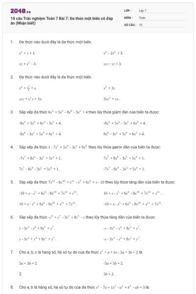 10 câu Trắc nghiệm Toán 7 Bài 7: Đa thức một biến có đáp án (Nhận biết)