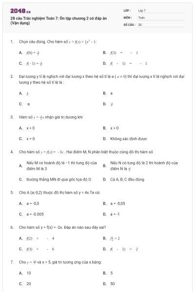 28 câu Trắc nghiệm Toán 7: Ôn tập chương 2 có đáp án (Vận dụng)