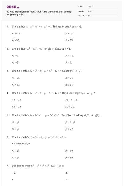 17 câu Trắc nghiệm Toán 7 Bài  7: Đa thức một biến có đáp án (Thông hiểu)